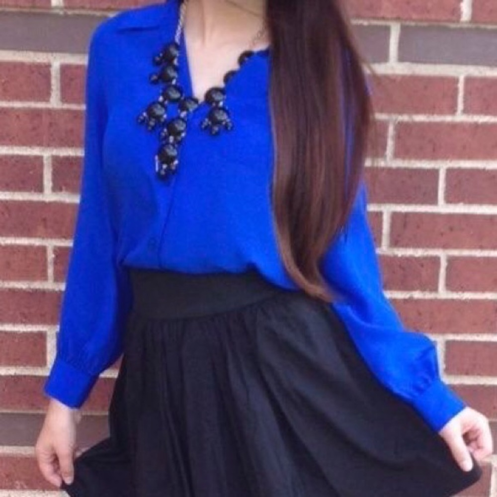 Cobalt Blue Button Up Silk Blouse